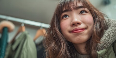 Young woman with natural appeal looking up with a gentle smile, creating a thoughtful mood