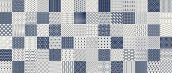 Collection of seamless ornamental blue geometric patterns. Elegant luxury endless backgrounds. Vector repeatable grid textures - symmetric prints