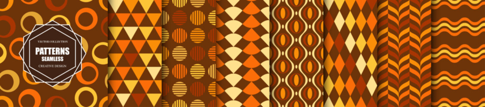 Collection of seamless fun color patterns - geometric ornamental design. Repeatable retro fashion textile backgrounds. Symmetry vintage endless prints