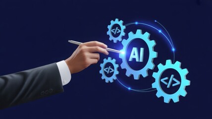 A hand interacting with an AI-themed gear system, representing innovation and technology. The image showcases the fusion of human interaction with advanced technological concepts