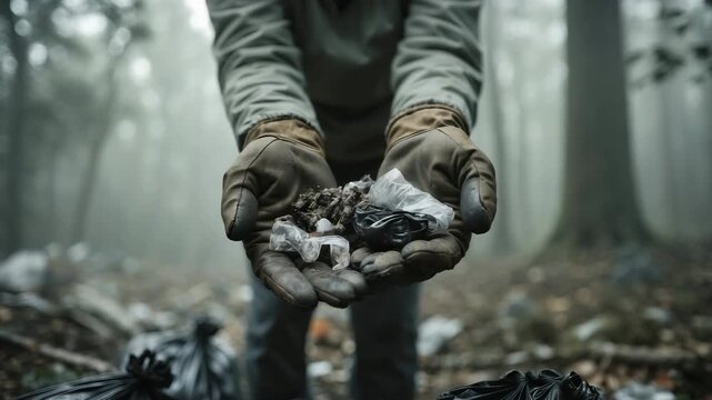 Cleaning up trash in the forest to protect nature and wildlife