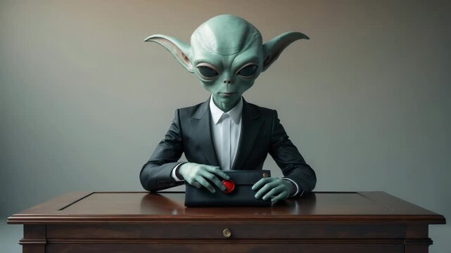 Alien figure in a formal suit sitting at a desk with a mysterious atmosphere captured during an imaginative art session