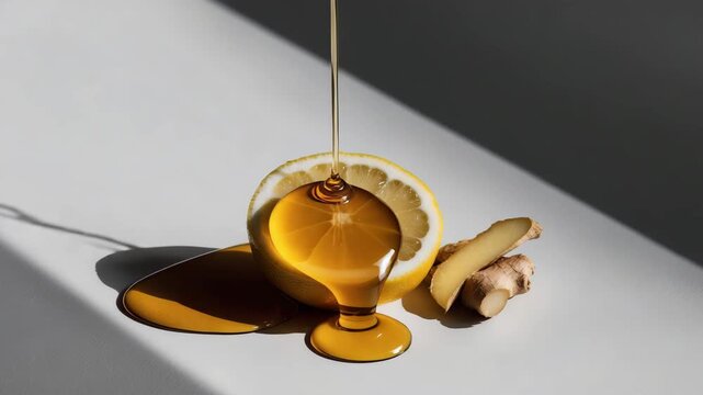 Lemon and ginger slice with honey pouring on a white surface in a bright, clean setting