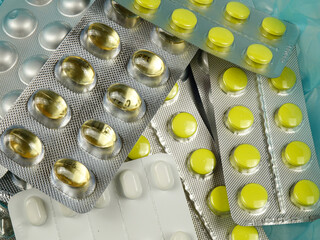 Expired medications in  blisters preparing for disposal. Treatment and medicines concept