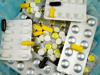 Expired medications in  blisters preparing for disposal. Treatment and medicines concept