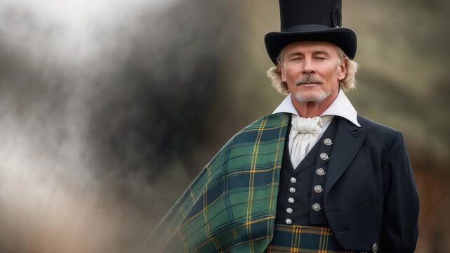 Elegant man in traditional Scottish attire poses outdoors against a blurred background