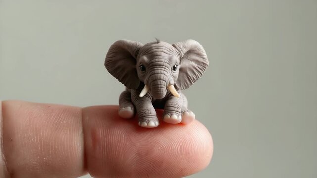 Cute tiny elephant figurine balanced on a fingertip showcases attention to detail and craftsmanship in miniature art