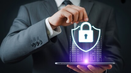 Data protection concept represented by a person holding a tablet showing a shield and a lock. The scene evokes a sense of security and protection