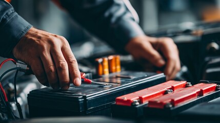 Electric car maintenance with technician inspecting battery and electrical systems in a workshop