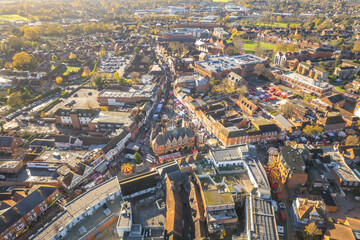2025 Christmas Market in Wokingham, Berkshire England. Aerial view daytime in Winter