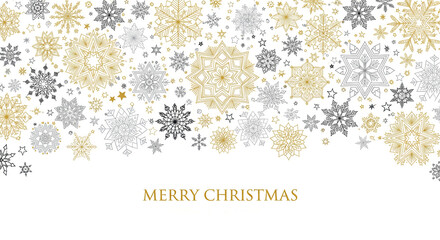 Fototapeta premium A “Merry Christmas” inscription on an elegant border made of gold, silver, and black snowflakes.