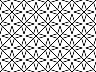 Seamless vector background of stars from thin black lines on a white background. For covers, advertising, packaging. Curved shapes. Tile, wallpaper, fabric, textile. Basis for layout