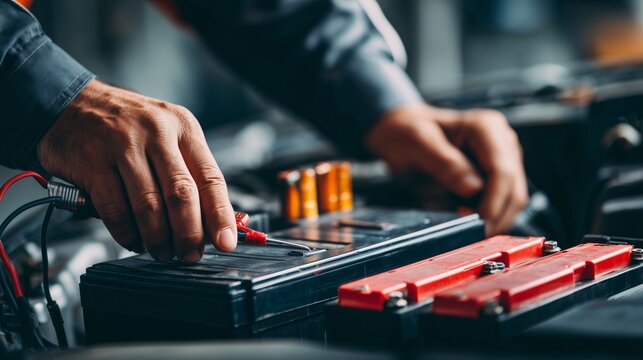 Electric car maintenance with technician inspecting battery and electrical systems in a workshop - Powered by Adobe