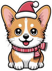 Obraz premium Smiling cartoon corgi puppy wearing santa hat and striped scarf