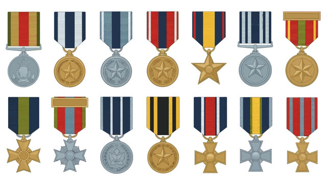 A collection of fourteen different military medals with colorful striped ribbons arranged in two rows on a white background.