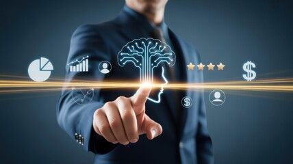 A business person touching a futuristic AI-driven interface with several icons. The person is interacting with technology