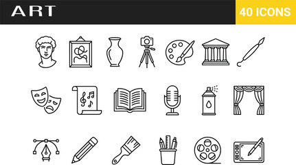 Set of fine art and creative design line icons, vector illustrations for painting, music, theater, photography, cinema, and digital education tools.