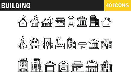 Set of linear building icons including house shop hospital hotel and city architecture for real estate and urban design projects.