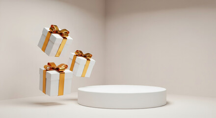 White round product stand on a light-colored angular background and white gift boxes with gold ribbons floating in the air. Minimalist winter scene.