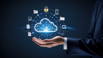 A person holding a digital cloud icon, with various connected elements symbolizing data storage and security