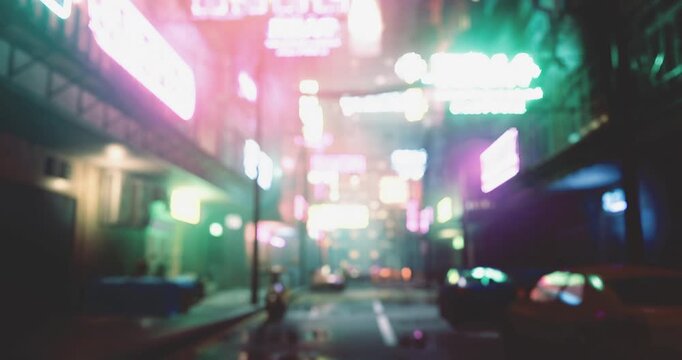 A bustling urban street comes alive with colorful neon lights and signs. The atmosphere is electric as vehicles and pedestrians navigate the crowded area under the bright glow.