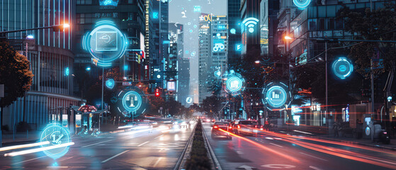 Futuristic city street filled with glowing augmented reality holograms and digital icons. Concept of smart urban technology, innovation and connected systems.