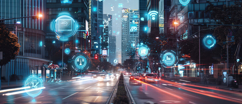 Futuristic city street filled with glowing augmented reality holograms and digital icons. Concept of smart urban technology, innovation and connected systems.
