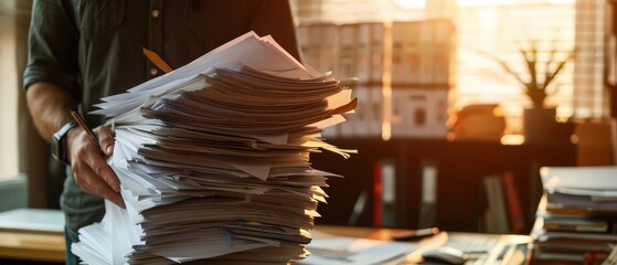 Office employee keep a large stack of paperwork in a busy workspace, representing stress, workload, deadlines, and administrative pressure.
