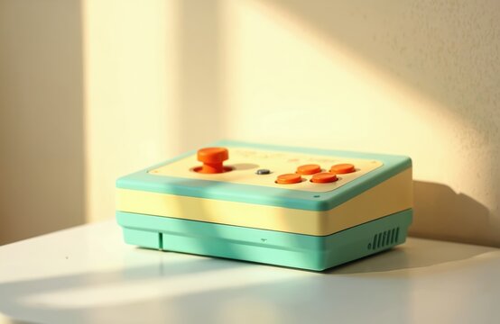 Vibrant retro gaming console with colorful orange buttons, distinct joystick rests on clean white table. Diffused sunlight creates soft shadows against wall. Vintage video game device offers classic