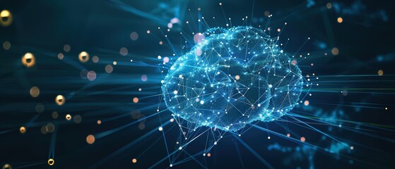 Glowing neural cloud formed by digital particles and connected nodes on a dark background, symbolizing artificial intelligence, big data and futuristic network technology.