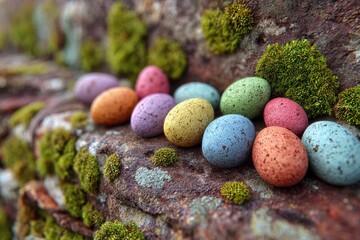 Obraz premium Colorful Eggs Laid Upon a Mossy Stone During a Sunny Spring Day Generative AI