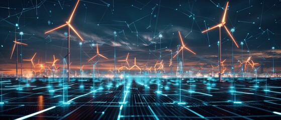 Futuristic wind turbines connected by a glowing digital energy grid, symbolizing clean power, smart infrastructure, innovation, and advanced renewable technology at sunset.