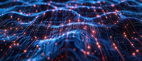 Futuristic glowing circuit landscape with flowing neon lines and dynamic particles, glowing neural network circuit board with flowing data particles, high-tech machine intelligence concept