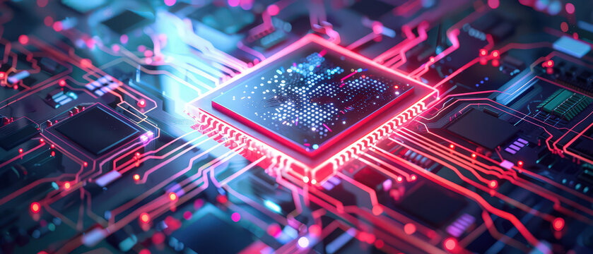 High-tech glowing microchip with bright energy lines on a detailed circuit board, showing advanced technology, digital innovation, data flow, and modern electronic design.