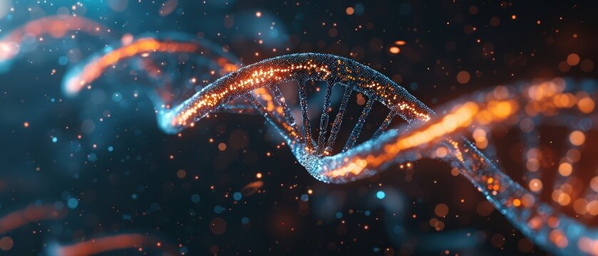 Abstract glowing DNA double helix with vibrant particles and dynamic molecular details, representing genetics, biotechnology, research, and modern scientific innovation.