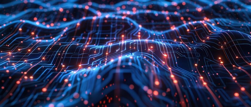 Futuristic glowing circuit landscape with flowing neon lines and dynamic particles, glowing neural network circuit board with flowing data particles, high-tech machine intelligence concept