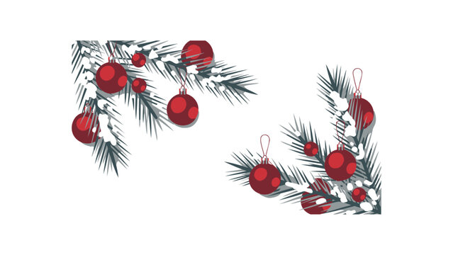 Festive christmas tree branches adorned with shiny red baubles creating a decorative corner element for holiday designs