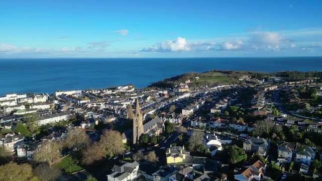 St Marychurch, Babbacombe, South Devon, England: DRONE VIEWS: The sea, All Saints Church, Cary Park, the residential housing of Babbacombe and St Marychurch. South Devon is a popular UK holiday area.