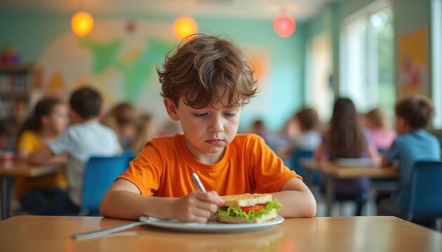 Young boy eats lunch alone in school cafeteria. He looks sad while holding fork at sandwich. Other kids sit at tables. Feeling lonely and unhappy during daytime.