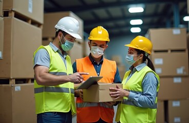 Team workers in face masks and helmets review the digital tablet in factory. Staff members in protective gear examine a package. Employees at industrial production during pandemic.