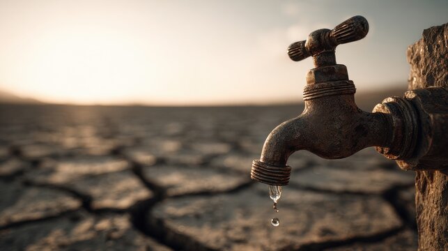 Rusty water tap dripping last drops over cracked dry ground at sunset symbolizing drought global warming water scarcity and environmental crisis concept
