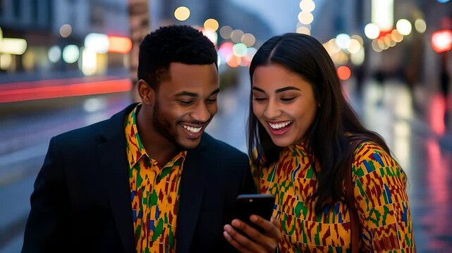Diverse couple in vibrant African print attire happily engaging with a smartphone on a bustling city street at night. They are laughing and pointing, ideal for social media, app,