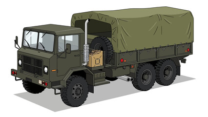 Obraz premium Illustration of a six wheel drive military cargo truck with a canvas covered bed and a spare tire mounted on the side