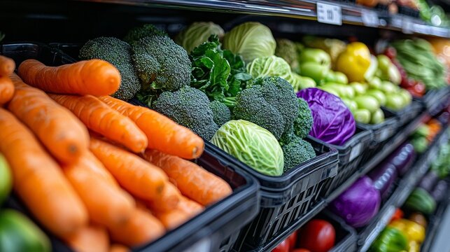 Fresh Vegetables Displayed on Shelves in Supermarket: Carrots, Broccoli, Cabbage, Peppers, and Tomatoes for Healthy Eating and Vegan Lifestyle