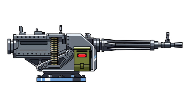Detailed illustration of a modern gatling gun mechanism with ammunition belt and firing system