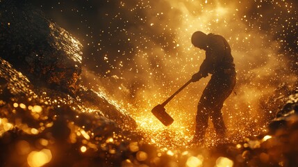 Silhouette of a Miner Breaking Rock with a Sledgehammer in a Dusty, Golden Lit Mine, Underground Labor Concept