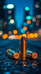 Three 9mm Bullets on Wet Asphalt with City Lights Bokeh Background, Dramatic Lighting, Urban Crime Scene, Gun Violence, Ammunition, Close-up