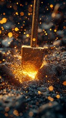 Golden Shovel Digging into Dark Soil with Sparkling Particles, Mining Concept, Wealth and Prosperity, Close-up Abstract Image