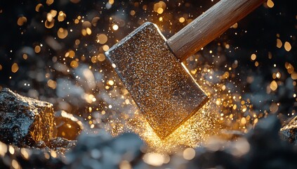 Axe Striking Rock with Sparks: A Dramatic Close-Up of Power, Precision, and Impact in a Dark Environment