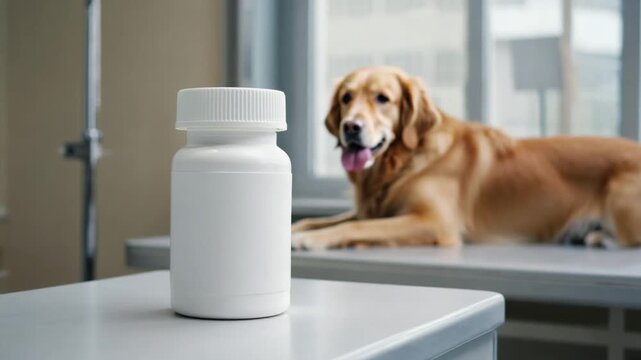 Pill bottle with a dog in the background at the vet.